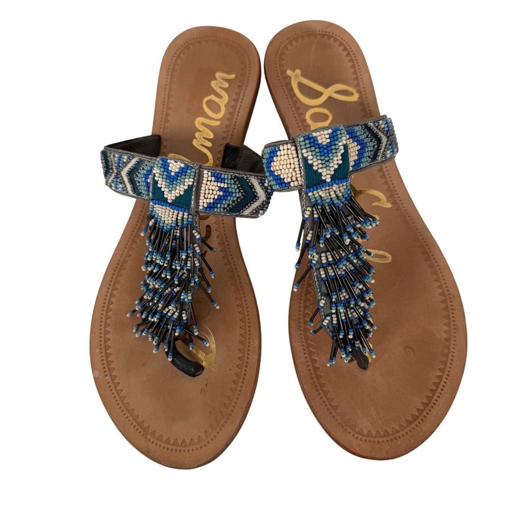 Sam Edelman Anella Beaded Fringe Thong Sandals Blue Teal Leather Womens 7.5‎